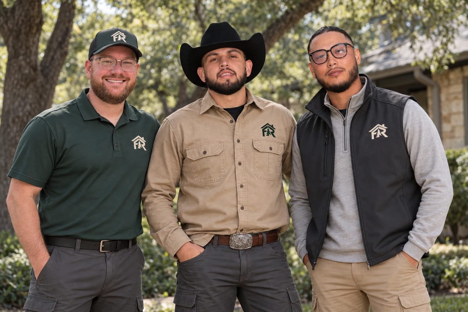 Dakota Howder, Daniel Dykeman, and Josh Oh in Forest Ridge workwear