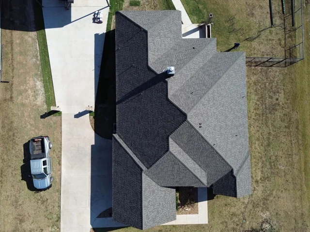 Overhead view of a completed slate roof